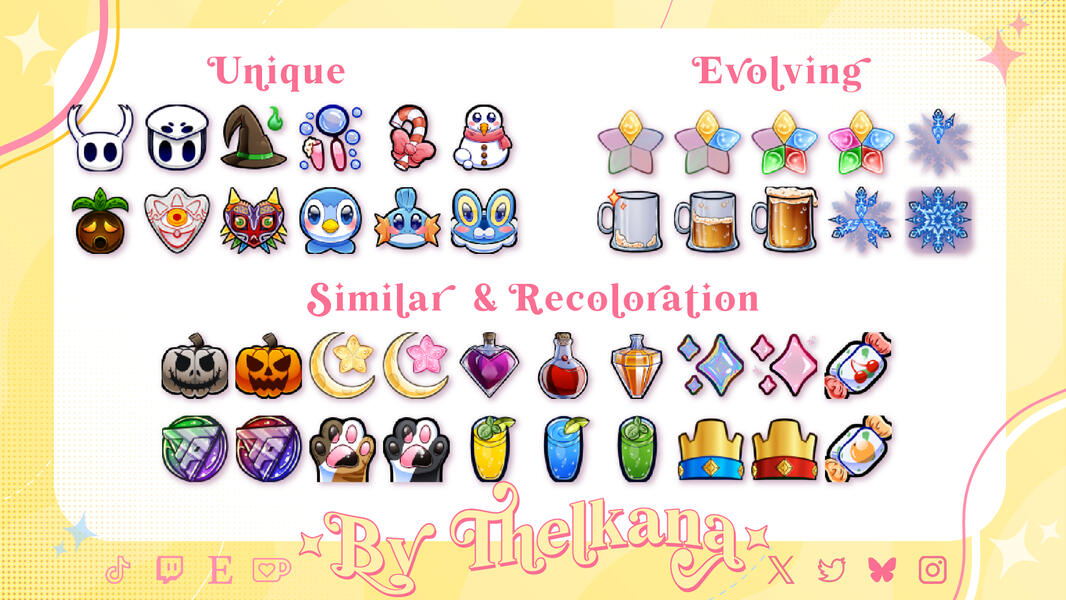 Présentation des badges uniques, evolutifs, similaires réalisés par Thelkana. Sur fond jaune