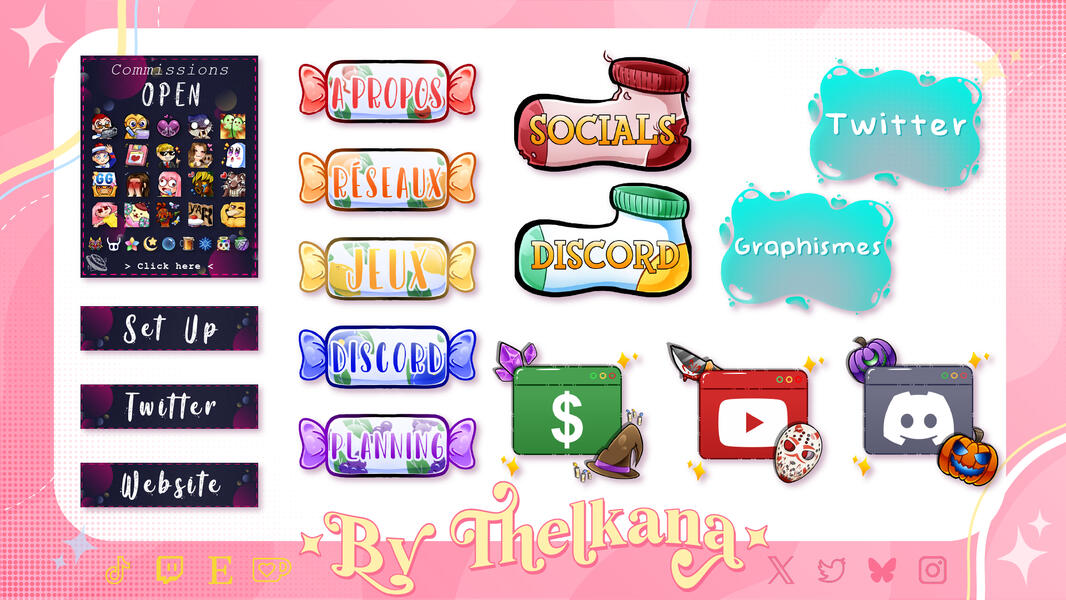 Présentation des panneaux de description réalisés par Thelkana. Sur fond rose